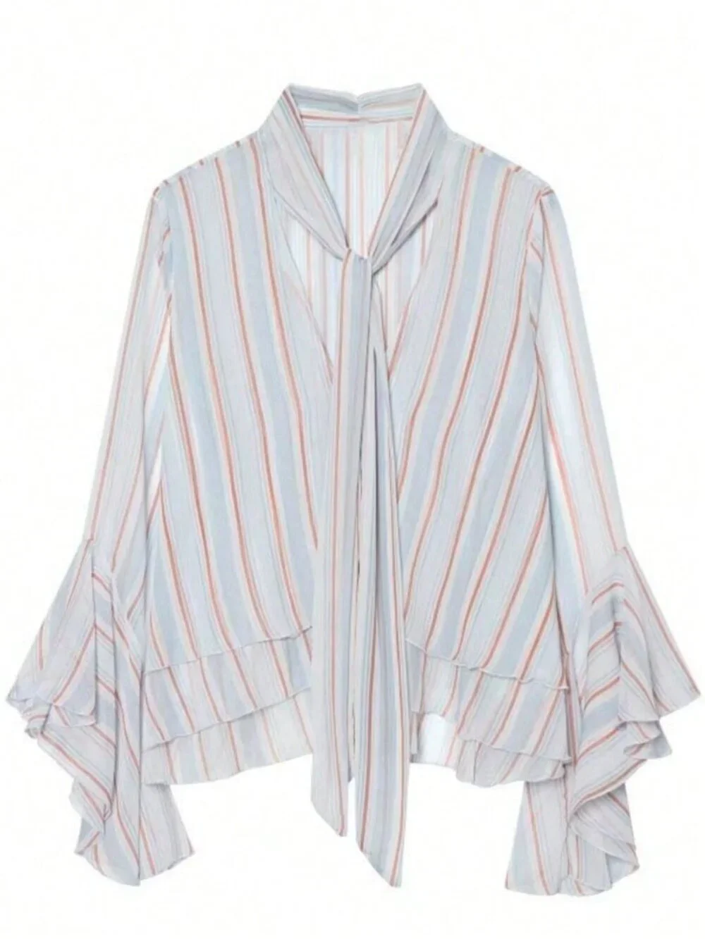 Women's Striped Chiffon Blouse V-Neck Ruffle Sleeve Necktie